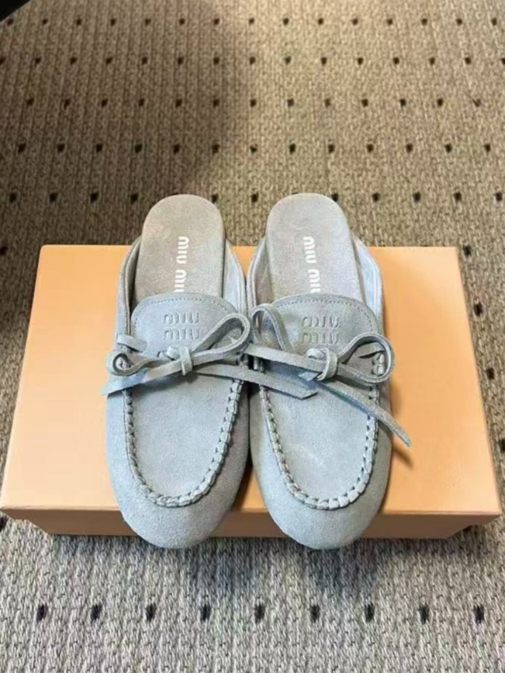 Miu Miu Light Grey Suede Slip-On Backless Bow Loafer Mules